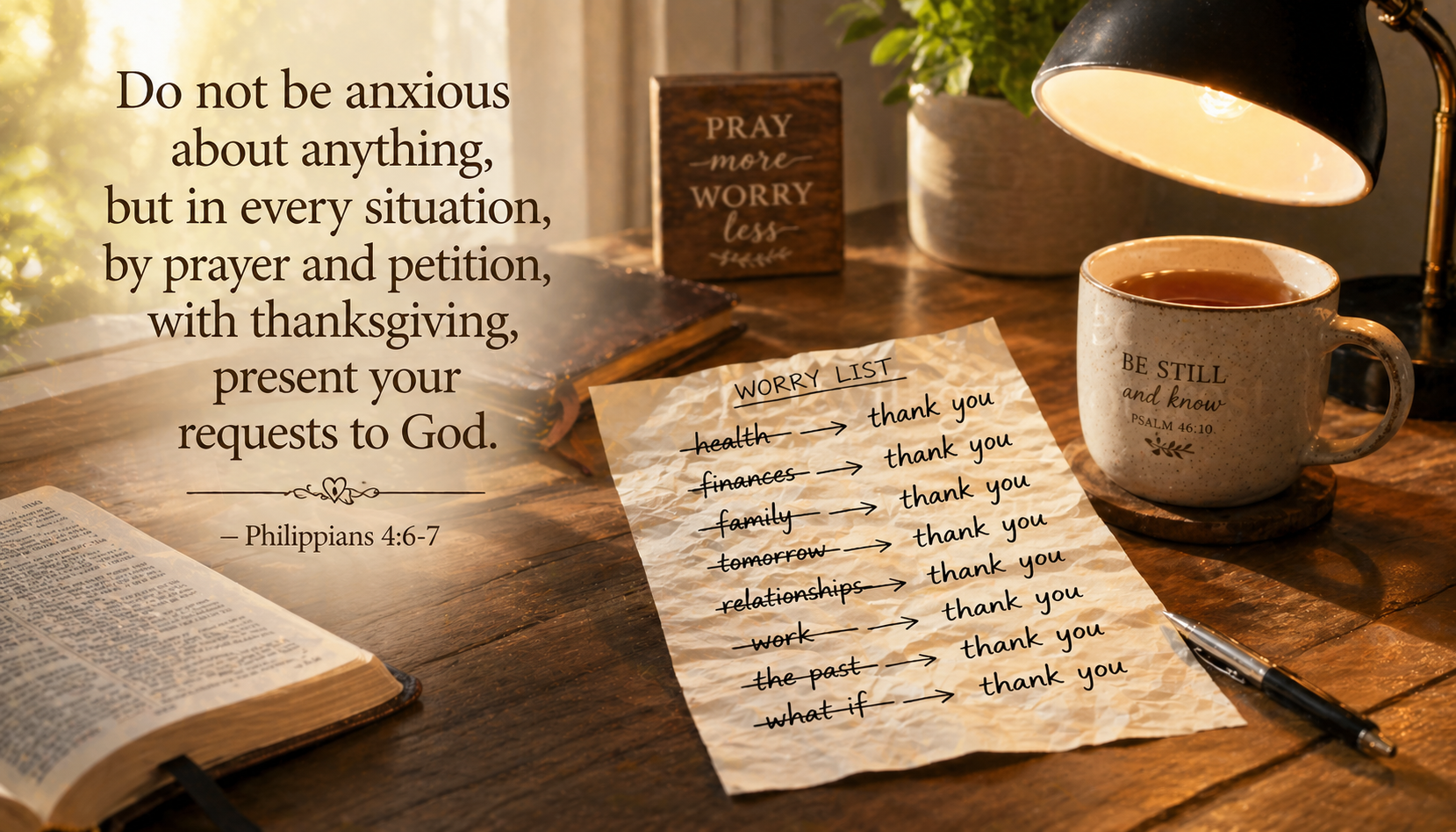 Bible verse wallpaper Philippians 4:6-7 with worry list crossed off and replaced with thank you on desk